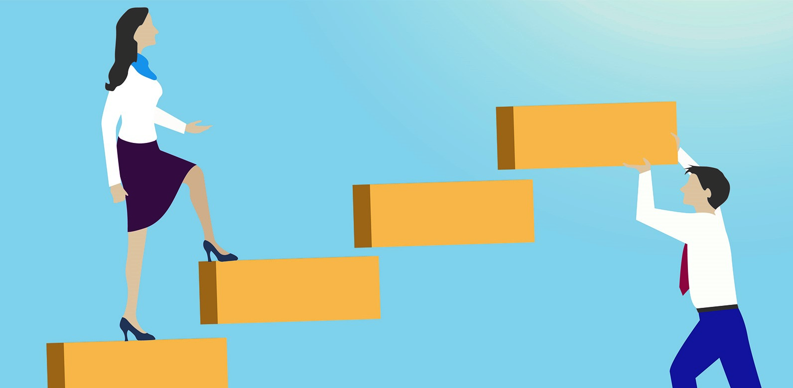 An illustration of a woman climbing up stairs and a man holding the stairs up so she can keep climbing.