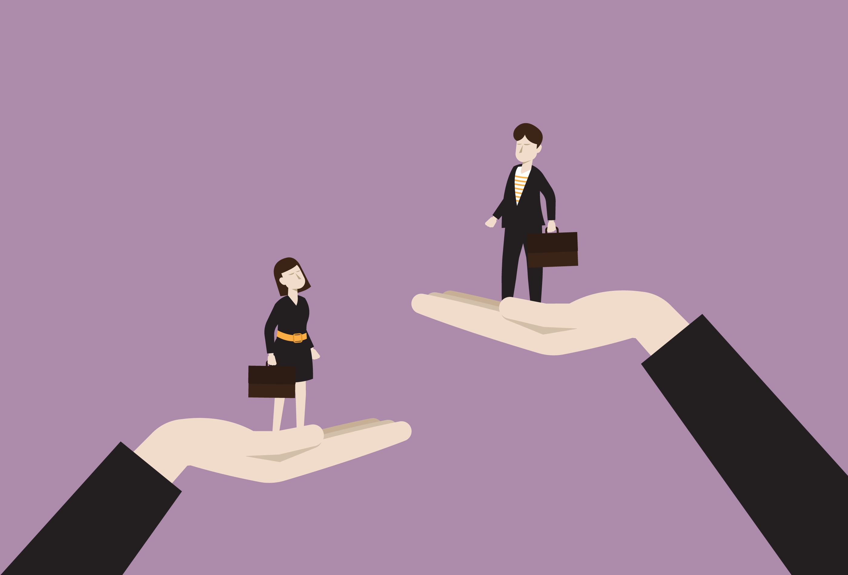 business woman and business man held unequally in two hands