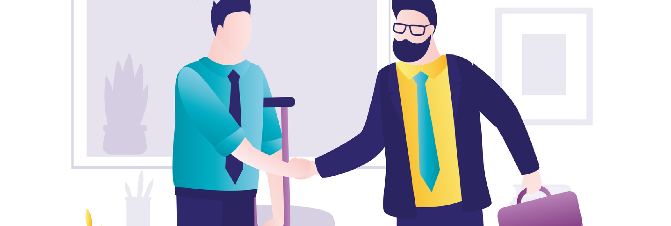 An illustration of two men shaking hands. One man has a beard and is wearing glasses and is holding a briefcase. The other man has a walking crutch under his left armpit.