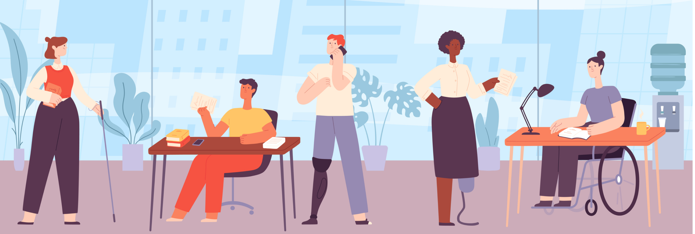 An illustration of a group of five employees from diverse ethnic backgrounds and physical abilities ad disabilities.