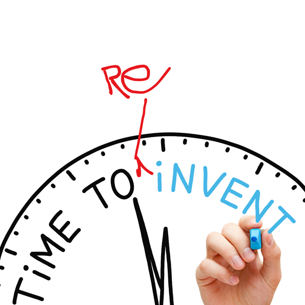 Clock face labelled "time to re-invent"