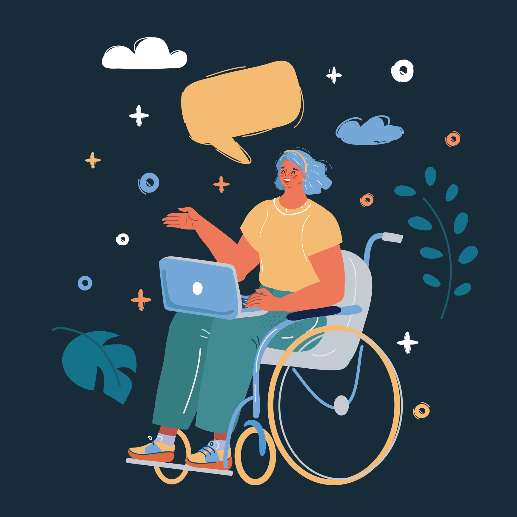 Illustration of woman in a wheelchair. She has a laptop balanced on her knees and there is a speech bubble above her head.