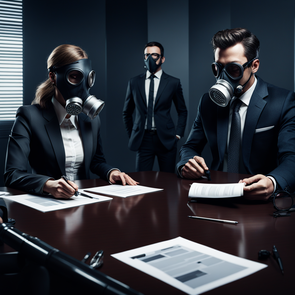 Modern business people wearing gas masks
