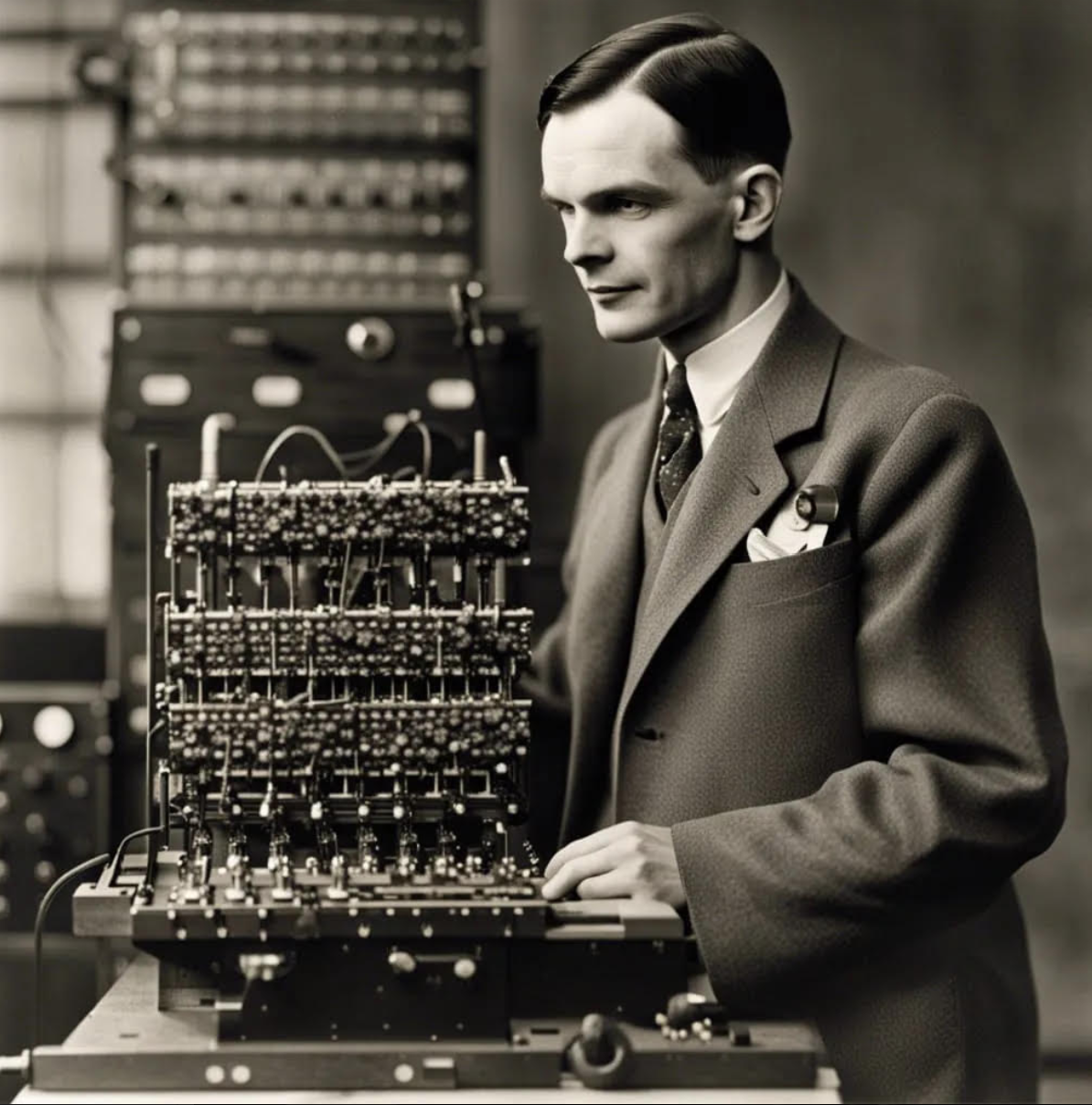 A man in 1940s attire standing beside computer equipment