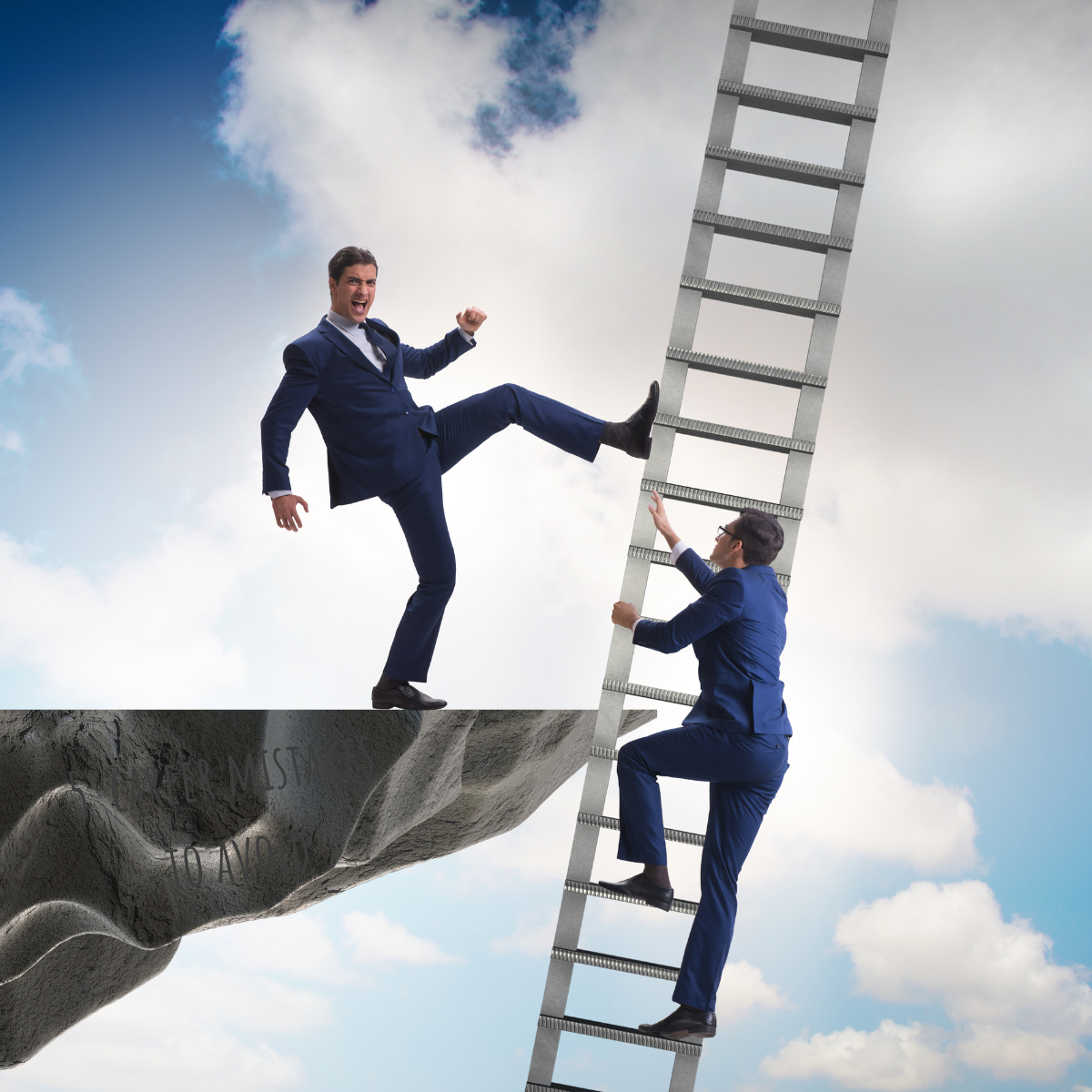 Man kicking a ladder on which another man is standing