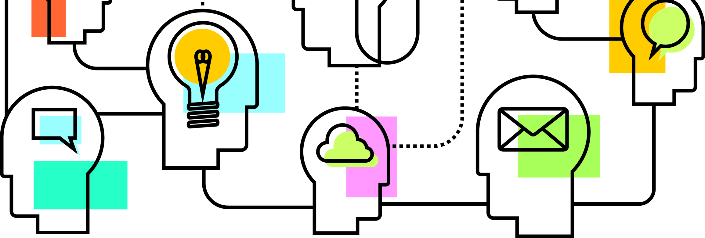 An illustration of a group of heads in profile. Each head contains an icon representing a different method of communication.